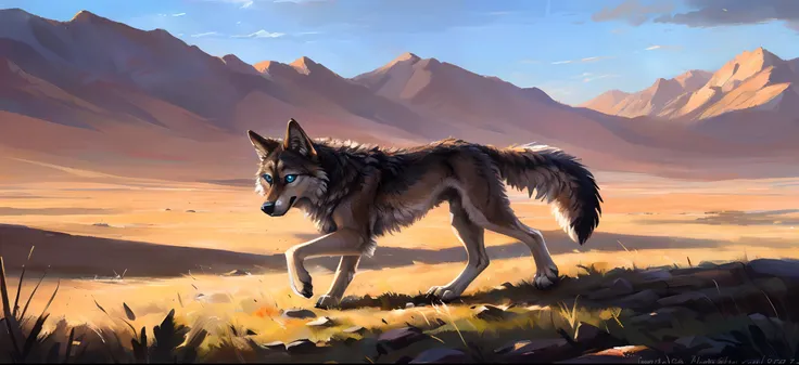 ((Solo)), Male, coyote, (Multi-colored fur, White-brown:1.3，White tail pointed), ((Wolf face, White hair, Big eyes, White eyelids, Blue pupil, Slim:1.2) (Tough, Calm expression:1.2)), Robust，Slim, pinging)), (Correct body anatomy), A big tail，Feet，Longer t...