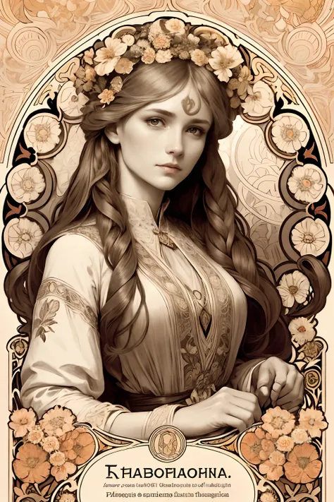 face portrait of a  Ukrainian female , long curly hair, blond, floral frame, Decorative panels, abstract
artistic, by Alphonse Mucha, (Masterpiece, Best Quality, Highres:1.2), Detailed, Intricate Details, 4K, color splashes, line art,   fibonacci, in the s...