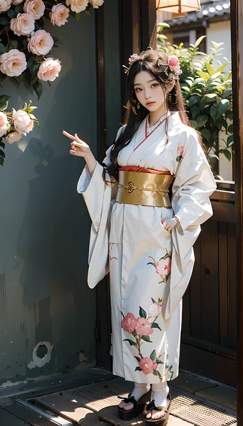 meticulous portrayal of face，1 noblewoman，(Hairpins)，(Camellia kimono)，(Long flowing colored hair)，Simple and elegant Japanese clothing，Collar，(black sock+，clogs)， s the perfect face， perfect hand， Perfect Finger， Perfect lips， perfect  eyes，Extremely norm...