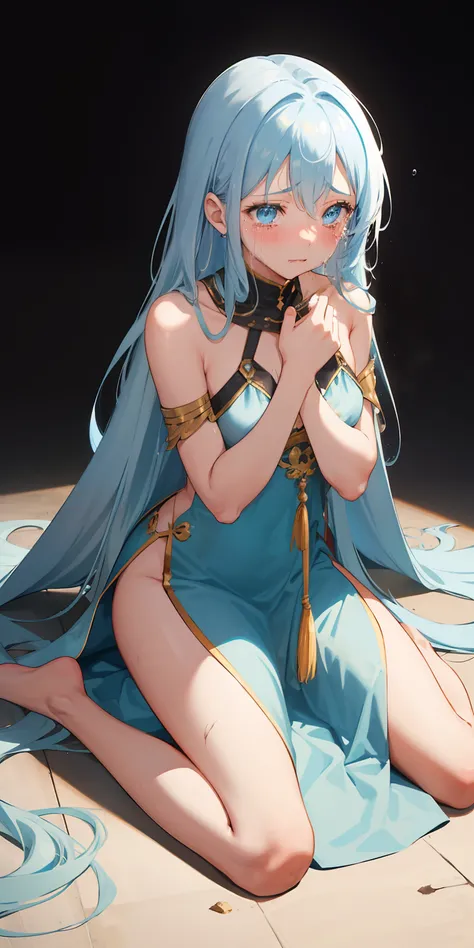 1girl,  long shoulder-length hair,  light blue hair, brown slave costume, in rags, dress, dirty, crying, tears line, painful, blush, looking at the camera, kneeling on the ground, poor, glowing, sidelighting, wallpaper