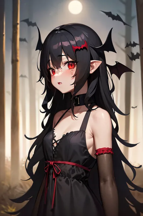 Al Sophie, 1girll, Solo, Gothic punk costumes,, tress ribbon, side locks, (Wavy hair:1.25),, view the viewer, angle of view, Red eyes, (Heavy fog, Outdoors, forest, Dark, Night, Moonlight:1.3), Solo, Small breasts, Flat chest, (Bat wings:1.25), jitome, (Fa...