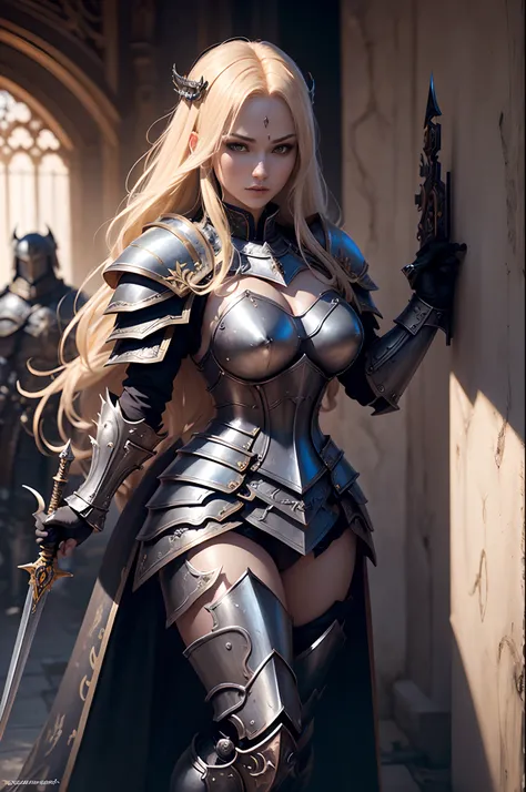 8K分辨率(full body Esbian:1.3)shots、splashart、Great cartoon style、Photorealistic and intense look、Bewitching blonde female holy knight,Anatomical Photorealistic Digital Painting(A MILF:1.3)Human portrait(AS-Adult:1.3)Complex of holy armor(heavily armored:1.3)...