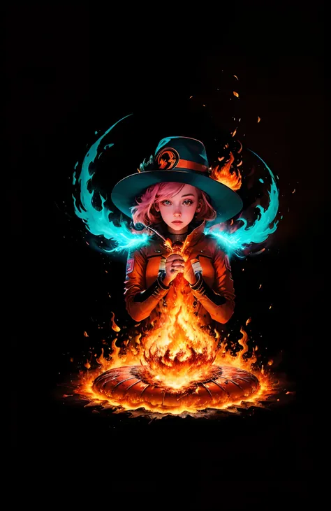 ((Masterpiece,Best quality)),(Negative space:1.4),(1girll, Solo:1.4),Beautiful detailed eyes,Floating pink hair, Red Hat, Fireball, casting a fire spell, Orange and red fractal background, Looks to the side, teal eyes, full bodyesbian, Jumps