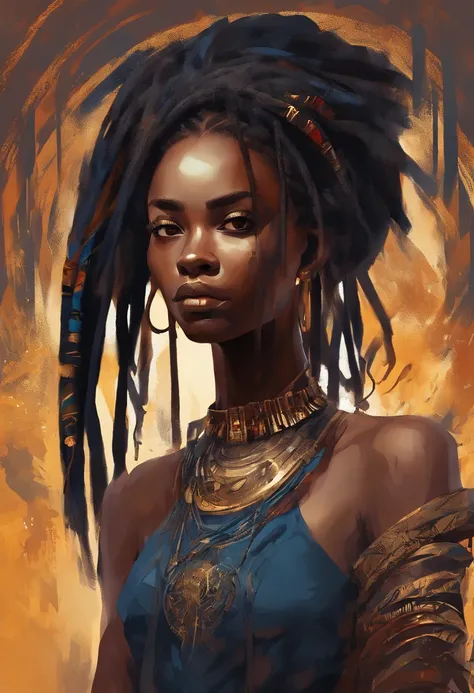 (best quality,ultra-detailed,realistic:1.37), african teenager with black hair dreadlocks,portrait,beautiful detailed eyes,strong presence,fierce expression,strikingly detailed facial features,shades of black and dark blue,vivid colors,dramatic lighting,hi...