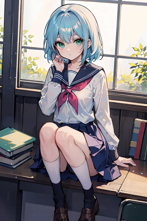 Masterpiece, Best quality, a beauty girl, hair over shoulders, Light blue hair, Green eyes, school uniform, Socks,