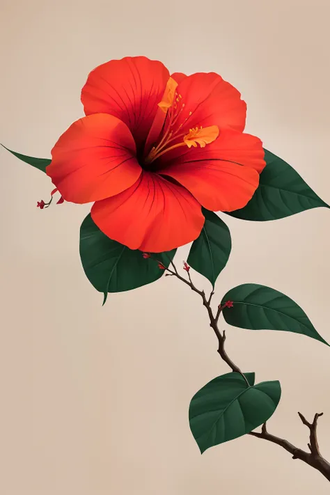 hibiscus flower blooming on a gnarled branch against a grey background, simple background, in the style of light orange and light beige, minimalist images, photography installations, paleocore, green and crimson, hyper-realistic, poetic intimacy