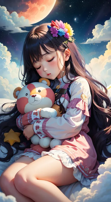 colorful、on clouds、kosmos、Big Moon、realistic、The girl is sleeping、Only one stuffed animal、超A high resolution