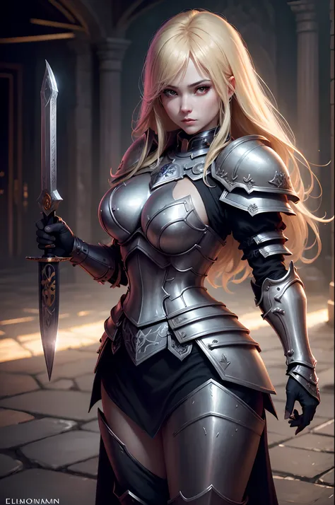 8K分辨率(full body Esbian:1.3)shots、splashart、Great cartoon style、Photorealistic and intense look、Bewitching blonde bob hair female holy knight,Anatomical Photorealistic Digital Painting(A MILF:1.3)Human portrait(AS-Adult:1.3)Complex of holy armor(heavily arm...