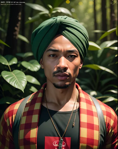 extremely detailed, amazing, fine detail, absurdres, highly detailed, 
man drdre, wearing checkered top and turban,
in forest landscape,
(analog style, dreamlikeart, redshift style, mdjrny-v4 style:0.5), anatomical, hyper realistic lifelike texture dramati...