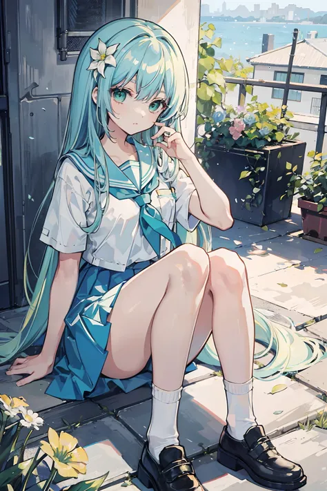 Masterpiece, Best quality, a beauty girl, Long hair, Light blue hair, Green eyes, seifuku, Socks, hair flower,