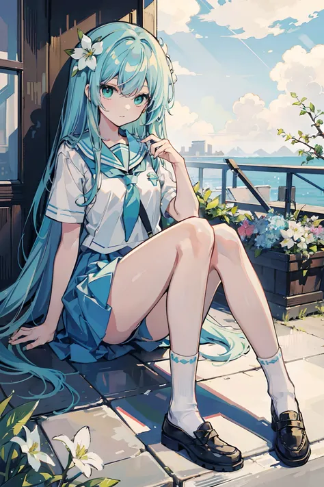 Masterpiece, Best quality, a beauty girl, Long hair, Light blue hair, Green eyes, seifuku, Socks, hair flower,