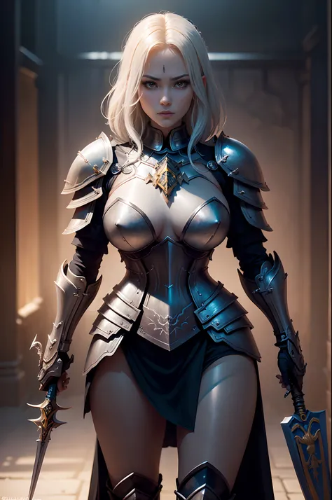 8K分辨率(full body Esbian:1.3)shots、splashart、Great cartoon style、Photorealistic and intense look、Female Holy Knight With Bewitching Short Bob Hair,Anatomical Photorealistic Digital Painting(A MILF:1.3)Human portrait(AS-Adult:1.3)Complex of holy armor(heavily...