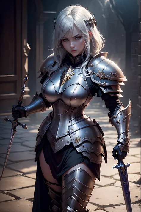 8K分辨率(full body Esbian:1.3)shots、splashart、Great cartoon style、Photorealistic and intense look、Female Holy Knight With Bewitching Short Bob Hair,Anatomical Photorealistic Digital Painting(A MILF:1.3)Human portrait(AS-Adult:1.3)Complex of holy armor(heavily...