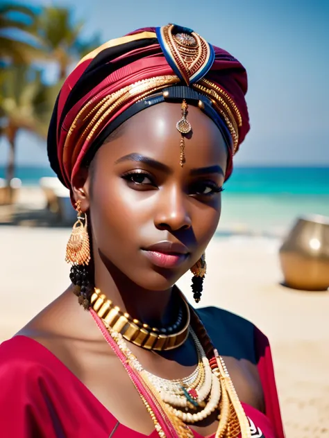 fking_scifi, fking_scifi_v2, portrait of a young very beautiful African woman, in front of a beach, rich colorful clothes, turban and golden african jewelry, close up, regal pose and attitude. fking_cinema_v2. fking_cinema_v2