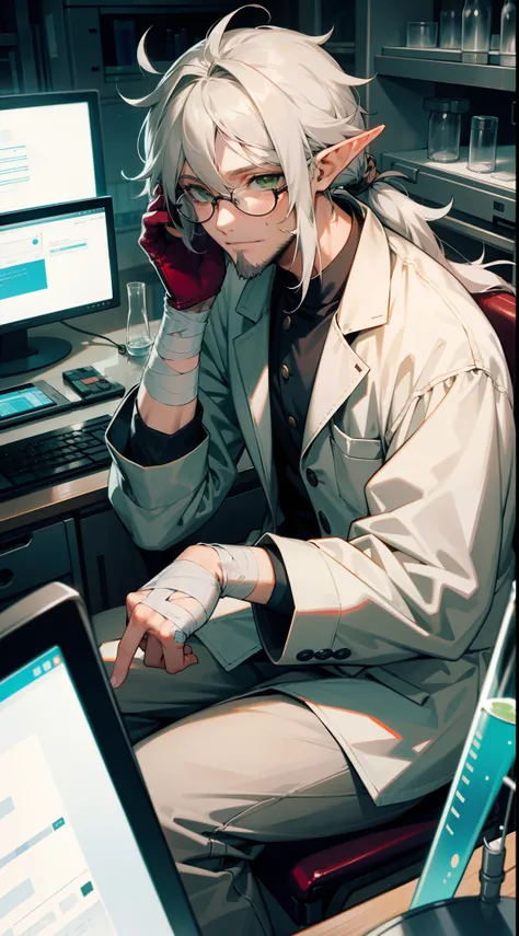 1adult man, 40 years old,beard,solo, long hair,disheveled hair,messy hair,elf ear,gray hair,green eyes, tired eyes,sitting,hair in a ponytail, no bangs, glasses, scientist, holding a test tube, scientist outfit, white coat, portrait, in the laboratory, com...