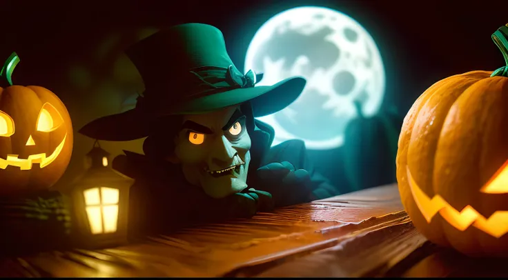 Create an image with a classic Disney-style American Halloween character, Jack O Lanterna. Do not crop the image!! The scene is meant to be set in a Halloween-themed environment with pumpkins, Morcegos, e fantasmas decorando os arredores. Use cores tradici...