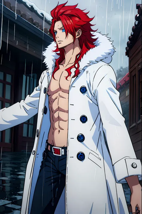 one young teen man, long red hair, wearing a white overcoat fluffy, blue eyes, on the rain