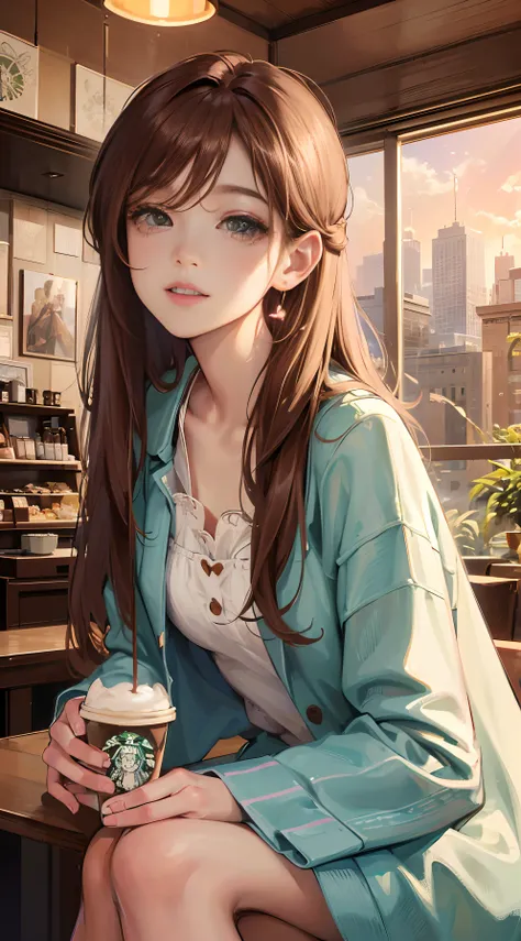 (best quality,4k,8k,highres,masterpiece:1.2),ultra-detailed,(realistic,photorealistic,photo-realistic:1.37),portrait,anime,cute girl,starbucks outfit,sparkling eyes,long eyelashes,rosy cheeks,playful smile,flowing hair,pink ribbon,stylish clothing,sitting ...