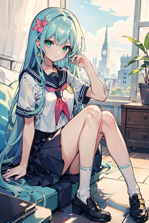 Masterpiece, Best quality, a beauty girl, Long hair, Light blue hair, Green eyes, seifuku, Socks, hair flower,