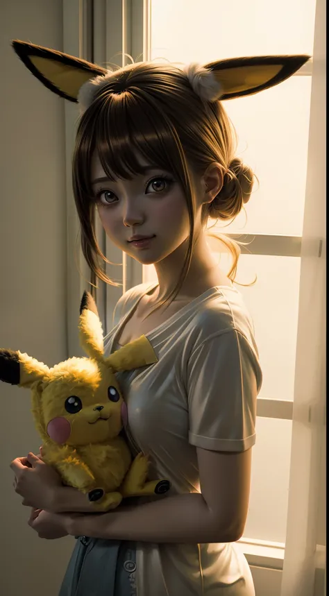 Anime girl with a cute pikachu holding a stuffed animal, Misty from Pokemon, Estilo de anime 3D realista, anime hiper realista, 3 d anime realista, Arte de anime realista, illustration pokemon, painting digital adorable, anime fotorrealista |, realistic an...