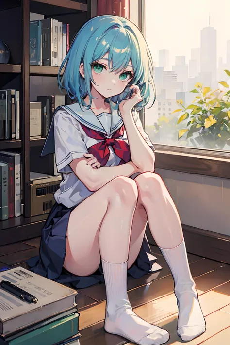 Masterpiece, Best quality, a beauty girl, hair over shoulders, Light blue hair, Green eyes, school uniform, Socks,