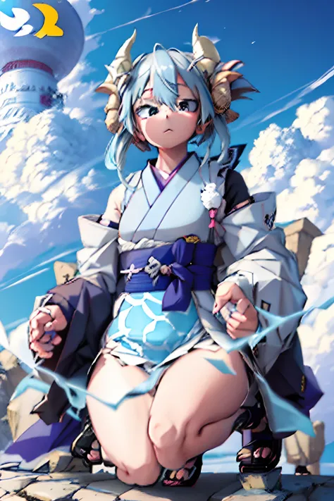 Crisp Contours、((Ultra-fine)),​masterpiece,top-quality,(1 persons) ,((full body Esbian)), Sheep motif、(((Big sheep horns)))、Beautiful eyes in every detail,Gray eyes,gray hair with gentle curves、personification、Round childish face、loli big boobs、my hero aka...