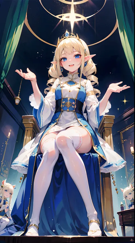 best qualtiy，tmasterpiece，超高分辨率，Elven Palace，(From below)，diadems，Elf long ears，Long white dress，1Blittle girl,(8 years old)，cinmatic lighting，(((twin drills))),blond hairbl，Blue eyes，Female imps，Laughing mockingly，sitting on an royal throne，Jirou legs，Lon...