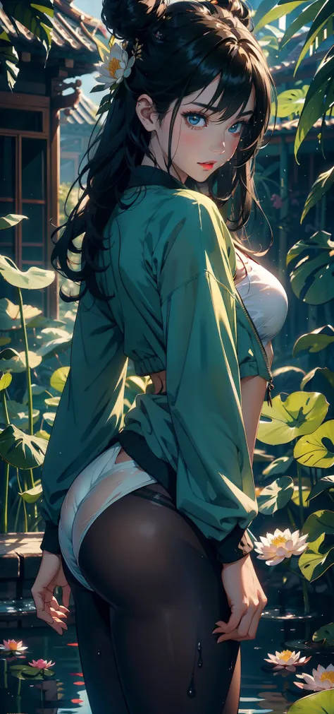 ，Bigchest，Raised sexy，Pornographic exposure， 独奏，（Background with：Surrounded by lotus flowers，bamboo forrest，Lotus pond，lotuses，lotus flower，china rose，rosette，chrysanthemums） She has short black hair，standing underwater，Sweat profusely，drenched all over th...