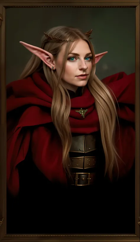 masterpiece, high quality, detailed photo, female high elf, (cute face), face hair, long hair, detailed face, detailed red armor, (symmetrical ears), detailed (elf ears), jewelry, (calm elf face), young aged elf, high elf qeen, royal rich elf , detailed bo...