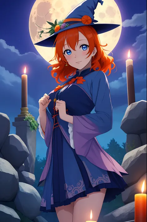 Kousaka honoka, blue eyes, orange hair,Witching Hour Ritual: An image of a witch silhouette against a full moon, surrounded by magical symbols, herbs, and glowing candles, invoking an air of mystical energy.