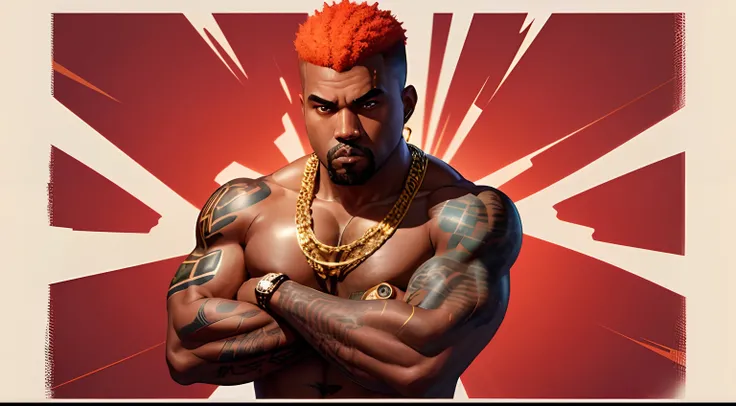 Kanye West with arms crossed, shirtless, tattooed, gold chain around his neck hip hop style, red hair, red eyebrows, red goatee, gtav cartoon style, with red background, with blue rays, cartoon style, focus on cartoon background.