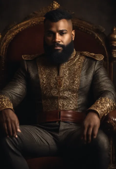 brown skinned King,physically well built, sitting on throne,crown,short beard,bald,black business atire