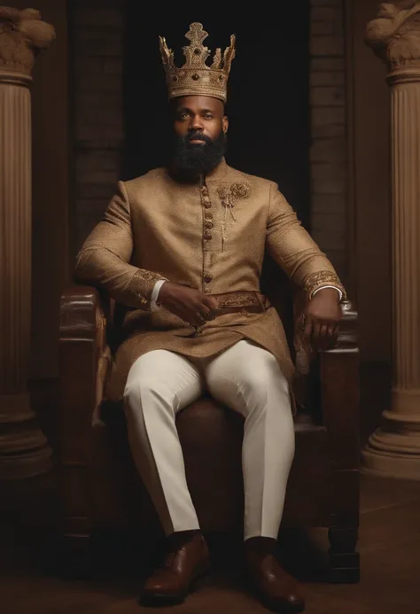 brown skinned King,physically well built, sitting on throne,crown,short beard,bald,black business atire