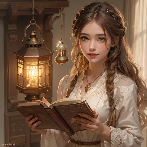 masterpiece, best quality, extremely detailed, sorceress, hazel eyes, icy eyes, cold smiling mouth, magic book in right hand, left hand hanging a lantern small, loose brown hair, modest white Victorian high neck dress, sepia braided sandals,