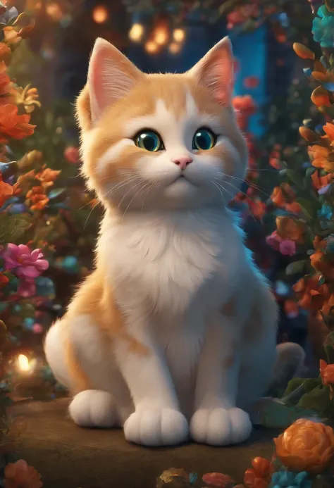 um gato fofo olhos grande e brilhantes em estilo cartoon 3d com um fundo alegre e colorido bricando