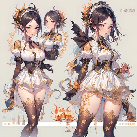 ((Masterpiece, Highest quality)), Detailed face, CharacterDesignSheet， full bodyesbian, Full of details, Multiple poses and expressions, Highly detailed, Depth, Many parts，Beautiful Maid，fenghuang，double-ponytail，estilo fantasia，Surrounded by flames，Extrem...