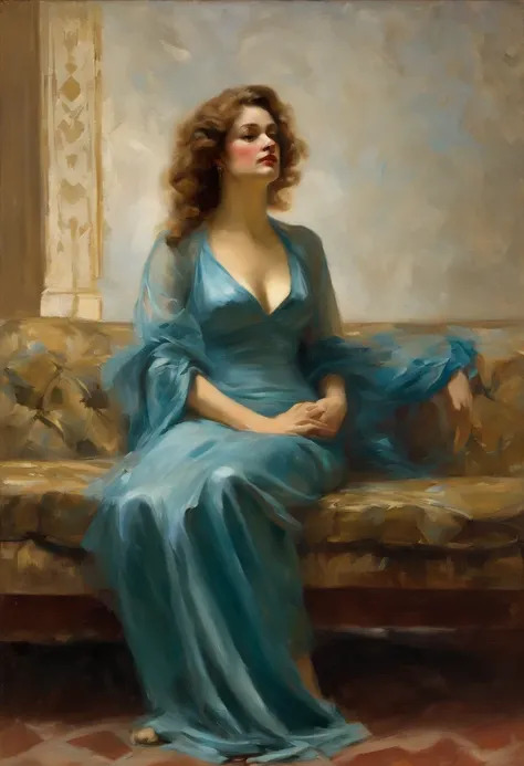 NSFW, painting of An elegant 1970s woman laying on a couch, she has a blue dress on, long brown hair, and brown eyes, she is elegant, sexy, gorgeous, oil on canvas in the style of ambrose mcevoy. sexy, glamorous pin-up girl, john singer sargent style, insp...