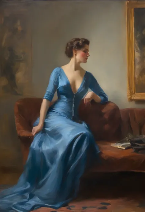 NSFW, painting of An elegant 1970s woman laying on a couch, she has a blue dress on, long brown hair, and brown eyes, she is elegant, sexy, gorgeous, oil on canvas in the style of ambrose mcevoy. sexy, glamorous pin-up girl, john singer sargent style, insp...