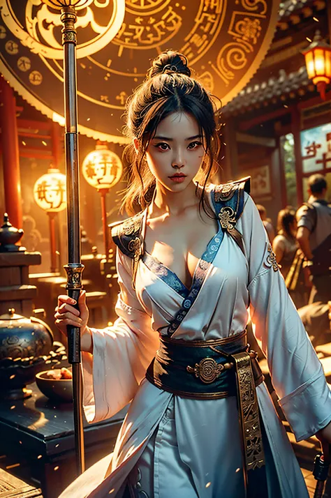 Best quality,masterpiece,ultra high res,(photorealistic:1.4),xiuxian,weapon,Detailed face,
1girl,solo,weapon,cleavage,(magic circle:1.2),xiuxian,upper body,Beautiful girl,full body,east asian architecture,sheath,architecture,