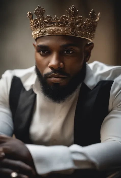 brown skin man,physically well built, sitting on throne,crown,very short beard,bald,black business attire