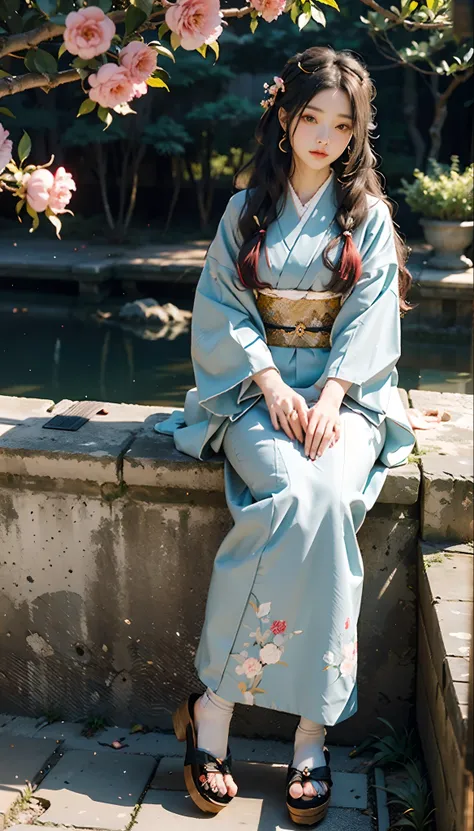 meticulous portrayal of face，1 noblewoman，(Hairpins)，(Camellia kimono)，(Long flowing colored hair)，Simple and elegant Japanese clothing，Collar，(black sock+，clogs)， s the perfect face， perfect hand， Perfect Finger， Perfect lips， perfect  eyes，Extremely norm...