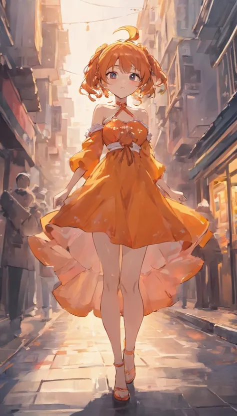 a woman posing on the street corner with orange dress on, best quality, 1girl, large breast, day, bright, blur background, bokeh, outdoor, (street:0.8), (people, crowds:0.8), (off-shoulder dress:1.2), gorgeous, (braided bangs:1.2), beautiful detailed sky, ...