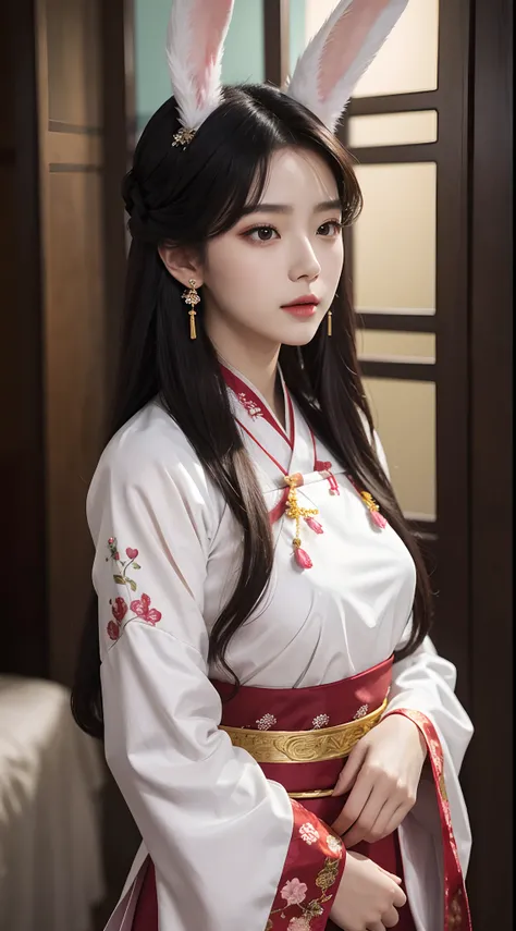 A stunning girl in a traditional hanfu costume, adorned with a thin red silk shirt featuring intricate yellow motifs. Her black lace top adds a touch of elegance to her outfit, while her light pink rabbit ears add a playful element. Her long hair is dyed a...