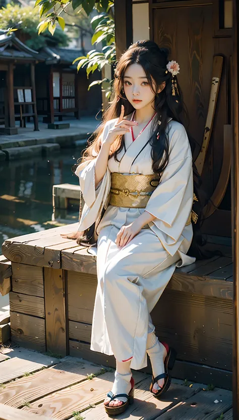 meticulous portrayal of face，1 noblewoman，(Hairpins)，(Camellia kimono)，(Long flowing colored hair)，Simple and elegant Japanese clothing，Collar，(black sock+，clogs)， s the perfect face， perfect hand， Perfect Finger， Perfect lips， perfect  eyes，Extremely norm...