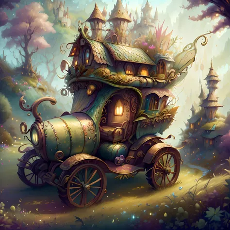 model dreamshaper ,fairytaleai, an unusual carriage made of leaves and grass stands on the road against the background of a moun...