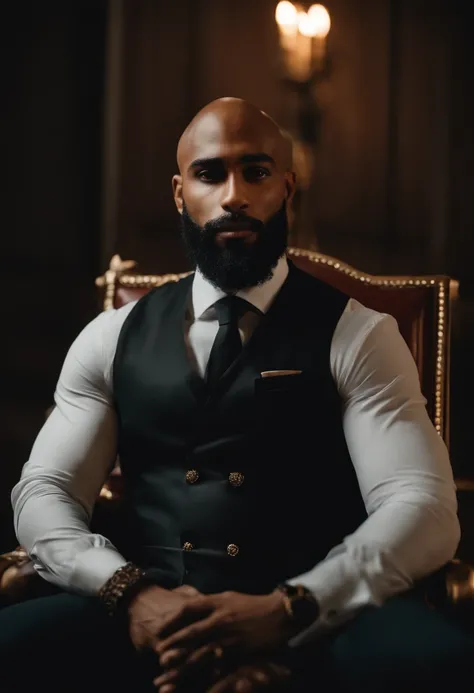 brown skin man,physically well built, sitting on throne,crown,very short beard,bald,black business attire