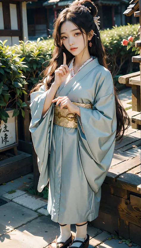 meticulous portrayal of face，1 noblewoman，(Hairpins)，(Camellia kimono)，(Long flowing colored hair)，Simple and elegant Japanese clothing，Collar，(black sock+，clogs)， s the perfect face， perfect hand， Perfect Finger， Perfect lips， perfect  eyes，Extremely norm...