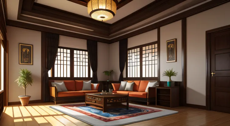 Home mockup, living room in Japandi style, 3d render