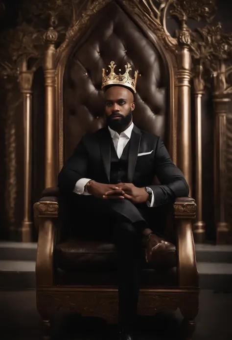 brown skin man,physically well built, sitting on throne,crown,very short beard,bald,black business attire