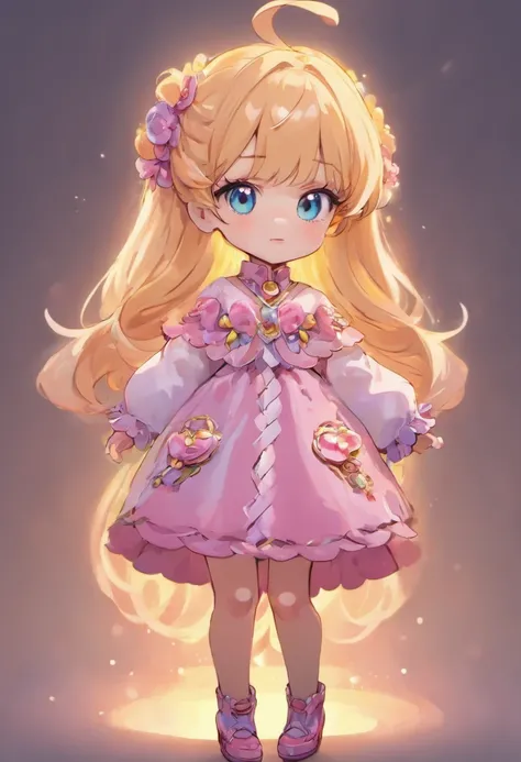 Create a series of cute baby chibi style dolls with a fashion theme, each with lots of detail and in an 8K resolution. All dolls should follow the same fashionable wallpaper pattern and be complete in the picture, mostrando o (corpo inteiro, incluindo as p...